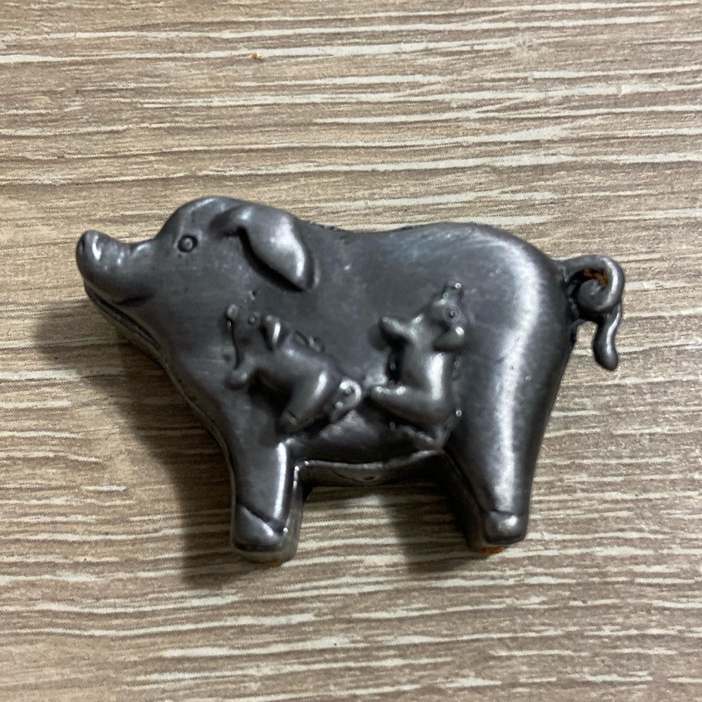 Vintage Torino Pewter Pig Jewelry Necklace Brooch Earrings Trinket Box Set